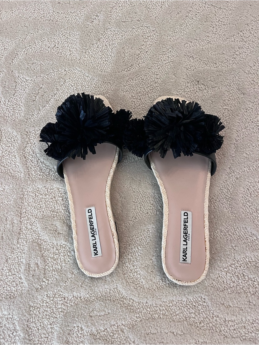 Karl Lagerfeld Black Pom-Pom Slide Mules with Blush Insole